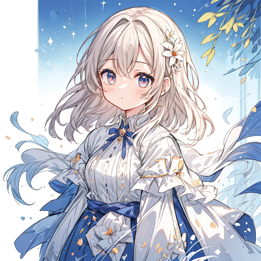 (masterpiece, best quality:1.2), illustration, absurdres, highres, extremely detailed, 1 girl, white short hair, red eyes, eye highlights, dress, short puffy sleeves, frills, outdoors, flower, fluttering petals, upper body, (moon:1.2), night, depth of field, (:d:0.8),(black pantyhose)