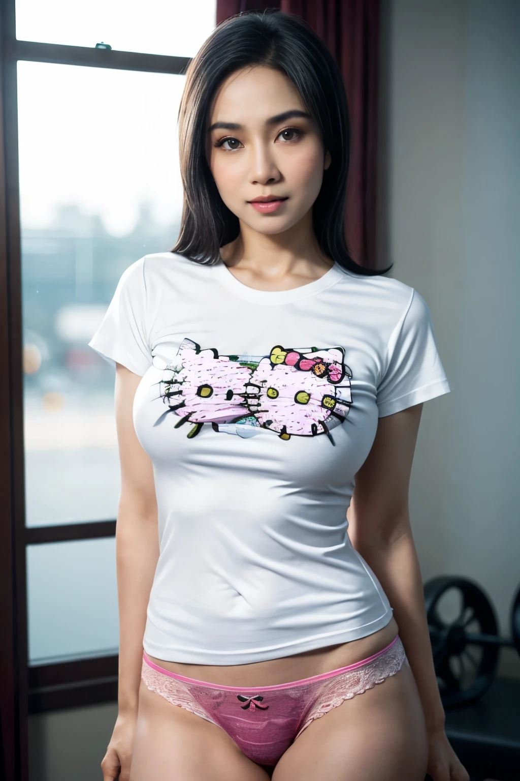 Transparent, ((SHORT HIJAB)), ((Gigantic tits:1)), (dynamic photograph of a 58 year old Indonesian woman), (slim top, cotton panties), (straight non curly hair), (highly detailed face:1.4), (vascular muscles and abs:1.3), (background inside light, bright, private gym:1.1), (8k, uhd, dslr, high quality, cinematic lighting, bokeh), (dramatic, award winning photography, incredible masterpiece:1.3), (((sexy sultry stare at camera:0.8))), ((she is ready to dominate you:0.5)), ((beautiful feminine face)), add_detail:1, (((wearing t-shirt hello kitty)))