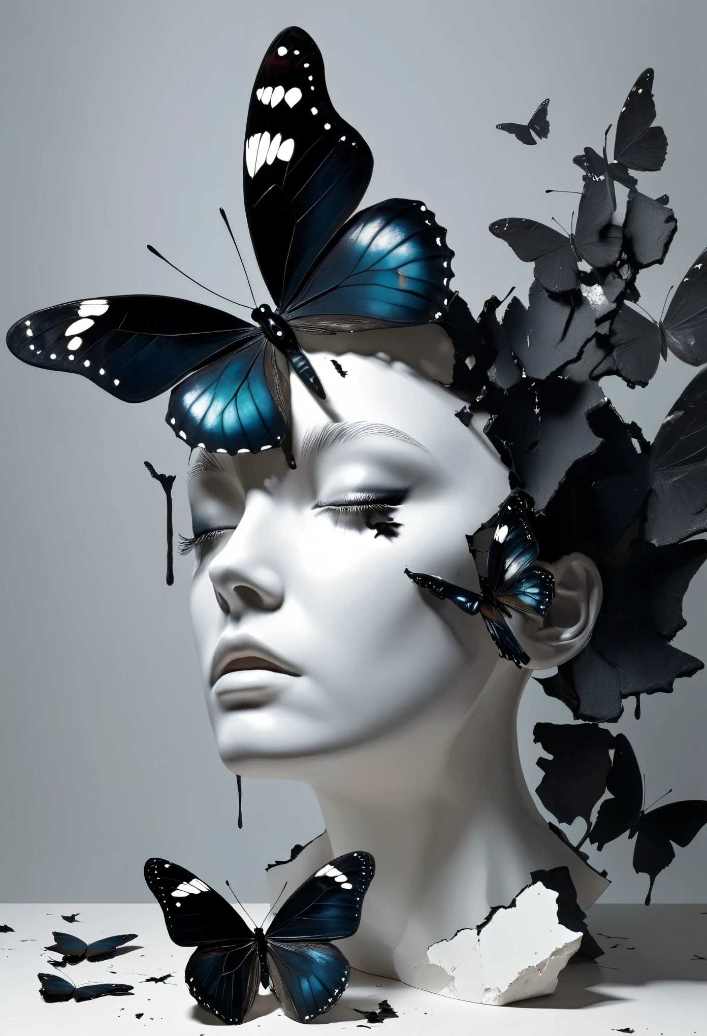 Art work，3D，A delicate black butterfly on a broken portrait，Light and shadow aesthetics，fear，Thriller