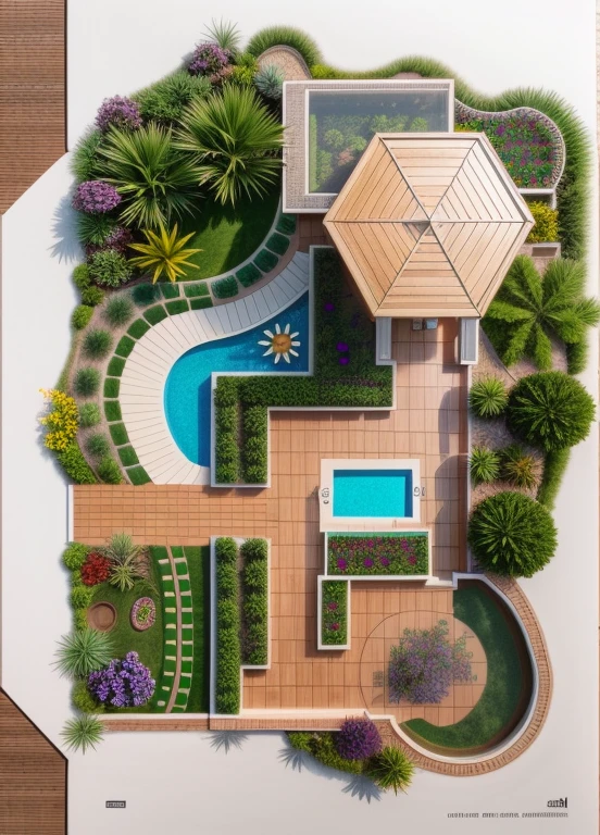 a drawing of a garden with a pond and a house, with a fishpond and courtyard, colorful architectural drawing, architectural illustration, complex and detailed, very detailed design, aerial illustration, detailed digital illustration, 2 d axonometric overhead view, high detail illustration, aerial perspective, residential design, really detailed, detailed design, impossibly detailed, insanly detailed