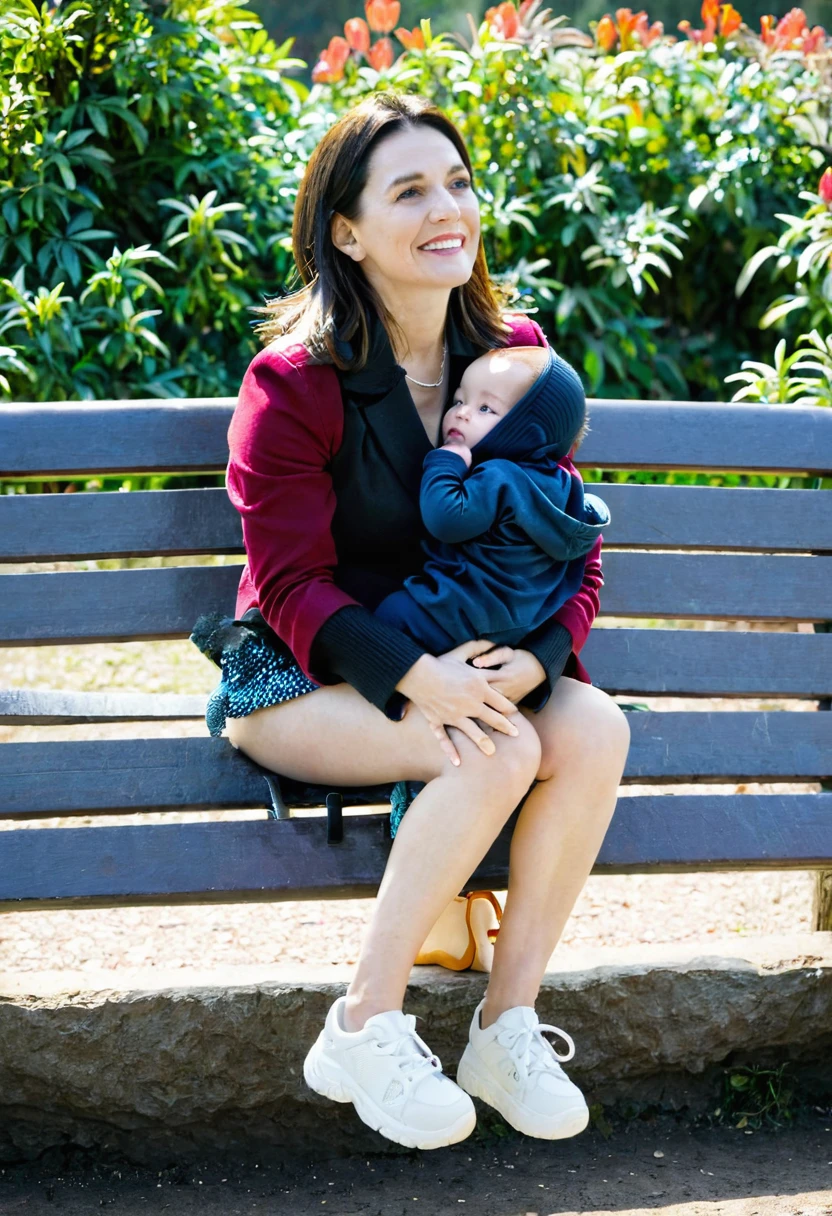 Woman sitting on a bench holding a , baby on her lap, 