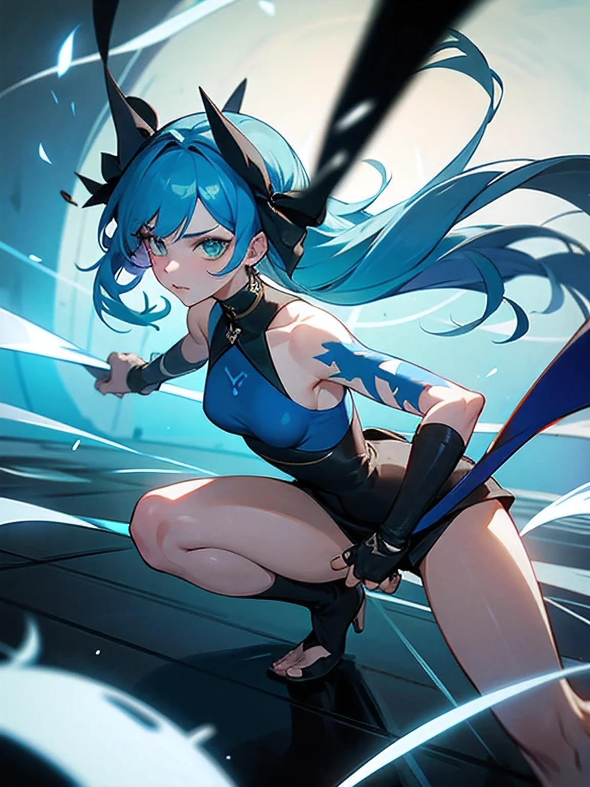 Une guerrière sexy qui se bat avec des lames d'énergies pures bleu turquoise dans ses mains
