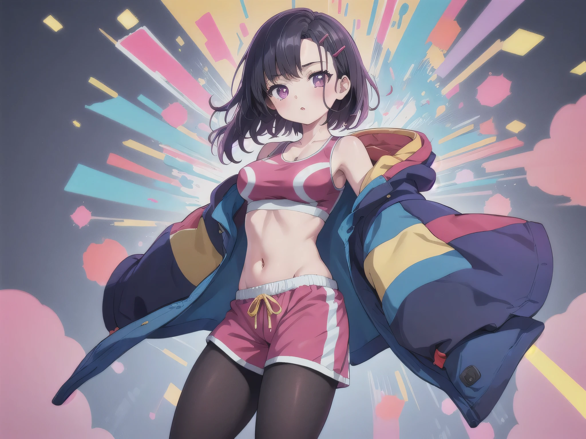 (masterpiece, best quality), 1girl, MikazukiShizuka, hairclip , sports bra, pink dolphin shorts, legwear under shorts, black pantyhose, blue jacket