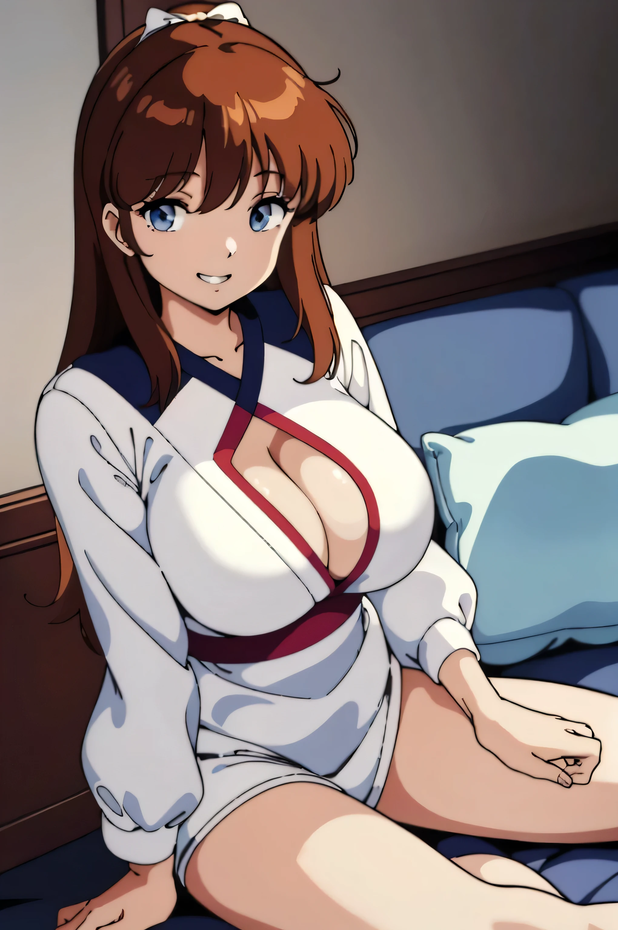 (Anime of Yatsu, Retro art style, Clean brush strokes, Very detailed, Perfect Anatomy, Browsing Caution), Dormitory of background, (erika, 1 daughter), Eyebrows visible through hair, bangs, Dark brown hair, Long Hair, Katyusha with ribbon, (blue eyes), (Beautiful and detailed:1.2)of）, Looking at the audience, Open your mouth (smile:1.5), (Sitting, Spread your legs wide), (Beautiful body, Smooth curve of, Perfect figure), (White lace of bra), (Huge breasts:1.2, Tension of shape), (White lace of panties), 