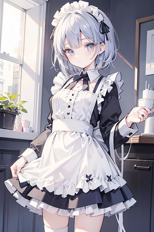 girl, maid uniform, wearing a skirt over gothic style short white frill inner Petit Pants, lift skirt