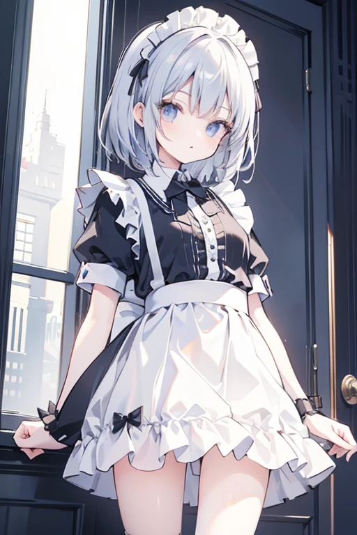 girl, maid uniform, wearing a skirt over gothic style short white frill inner Petit Pants, lift skirt