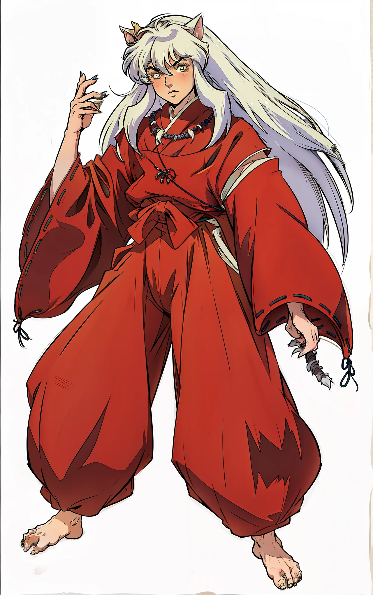 InuYasha, Cabelos longos, cabelo branco, roupas vermelhas, extremamente realista, orelhas de cachorro, bonito