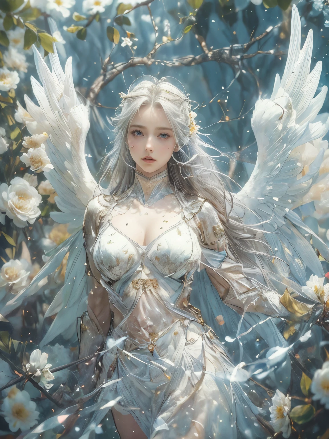 ((((masterpiece, Best Quality, High resolution)))), extremely detailed 8K, {(1 girl:1.6), sexy Beautiful girl with slim body, holly Angel (knight:1.8):1.6}, (Ultra HD, Ultra-detailed, Highly detailed, Highly realistic, Ultra-realistic, photos realistic), {deep depth of field, (god ray:1.2), (bounced front lighting:1.1), (soft diffused lighting:1.6) }, (1girl:1.5), white long hair, (dynamic sexy poses), (very delicate and natural hair:1.3), facing at camera, light smile, (big firm bouncing breasts: 1.6), (very delicate and natural face, very delicate and natural eyes:1.3),(very delicate and natural clothes:1.2),(crystal blue eyes:1.2),(shinning halo:1.4), (Angel's wing on her back:1.8), {white roses, (heaven's garden:1.2), (flower storm:1.3)}