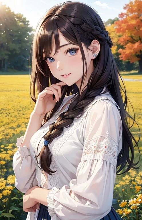 nude,masterpiece、highest quality、High resolution、High-quality images、8k, 1 female、Skin Radiance、Texture of skin and clothing、Expression of fine eyes、shiny light brown hair,Girl with long braided hair, Corolla on the head , Manga inspired by Lee Jong-suk, Trending on deviantart, realism, detailed manga style, Manga art style, Perfect Line Drawing, Beautiful line art, digital manga art girl, K-POPアイドル, Beautiful Blue Eyes, Fuller lips, Gorgeous face with attention to detail, (Cute Smile), charm, Innocent, Side view, (Perfectly detailed face), (Beautiful Hands) Photorealistic images, Written boundary depth, Princess Hairstyles, autumn leaves, Romanticism, (Corolla of hair), (fashionable), Fair skin, (Delicate lace clothing), (Lace dress), (cardigan), (skirt ), (V-neck), ((Flower field background)), (Full Shot Shot),