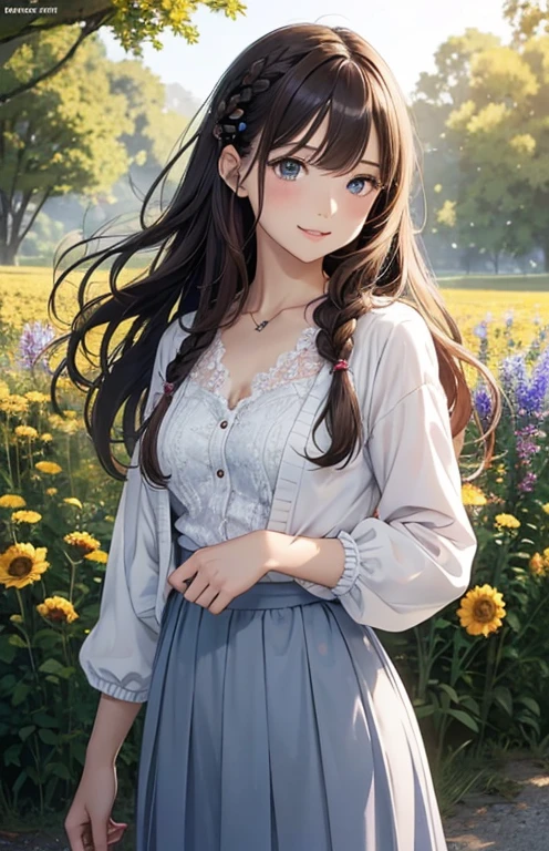 retain face 100%, wearing a plaid skirt, Japanese girl, standing on the grass, flowers. smiling with open teeth, 4k image