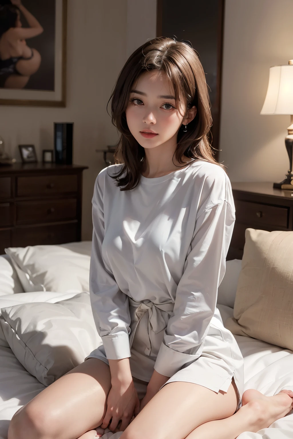 highest quality, Face Focus, Soft Light, Ultra-high resolution, (Realistic:1.4), RAW Photos, Japanese, alone, cute, (A shy smile:0.5), (Brown eyes, Light in your eyes), Beautiful face in every detail, (Small box)、oversized white shirt、Ample breasts、Luxury hotel bedroom、Luxurious、Seaside、On the bed、Sitting