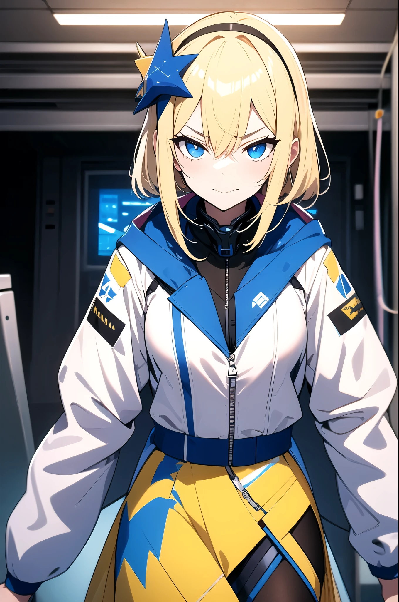 blonde hair, hairbands on sidelocks, eyes with a mix of yellow and blue irises, white and blue jacket with constellation prints, metallic skirt, smug, naughty face, futuristic clothing, science fiction setting, high-tech