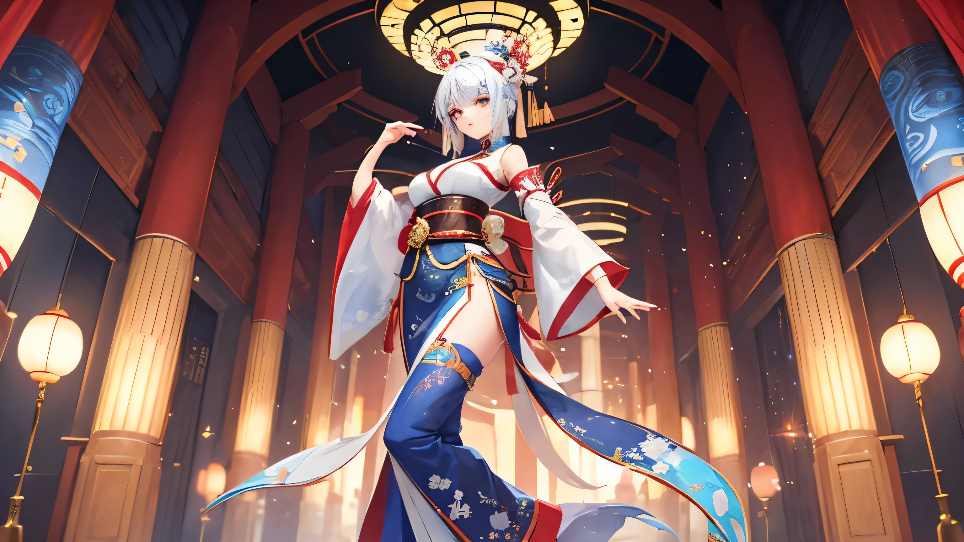 A beautiful girl with white hair and blue and red mesh dances in the Obsidian Temple.。Like a Phoenix々She is wearing a costume that is a mix of traditional Japanese clothing and floral kimono, with a vibrant color scheme.。The arms of the Thousand-Armed Kannon, made of bronze, emerge from the halo on its back.。