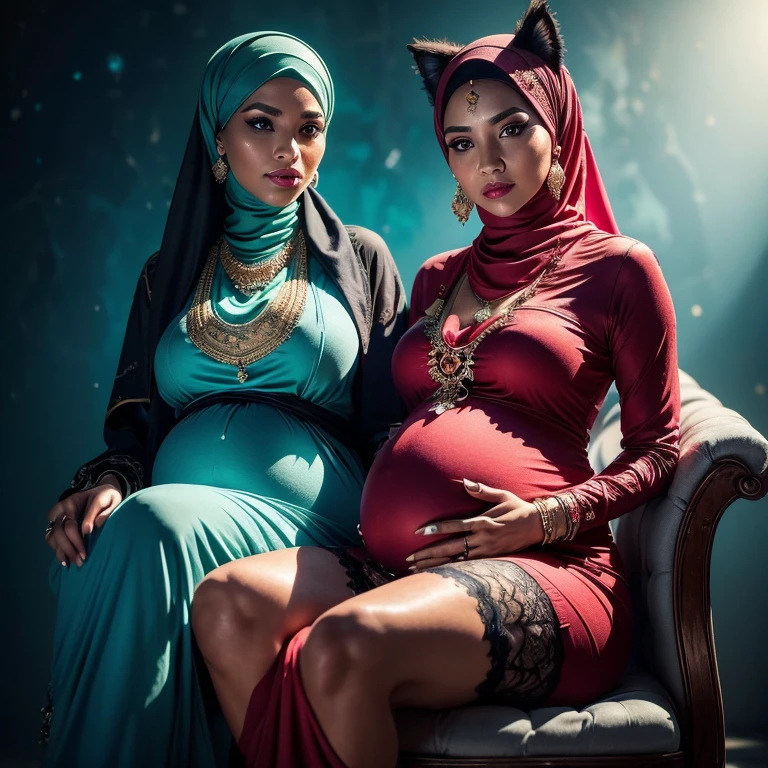 Two:2 Malaysian girl pregnant 9 month ,malay, The whole body consists of a young girl with hijab, Eye makeup, 55 year old model, Cat ears, Soft lighting, Solo, Wear shabby clothes, Dirty, Tattered futuristic military uniform, Cat's paw badge, Pose, spot color, rendering by octane, Ultra-realistic intricate details, Cinematic, 8K resolution, 70mm, emphasis lightings, (((2 girls:1.5, pregnant Gorgeous artsy women holding teddy bear sitting down in chairs))) Setting background: Basquiat graffiti wall background,Graffiti artist, urban walls, spray paint cans, bold colors, rebellious strokes, street gallery, artistic , night shadows, public expression, aerosol mastery, layered stencils, cultural messages, graffiti tags, creative risks, vibrant visuals, underground recognition, impactful designs, urban transformation. Art by Mschiffer, (((Woman with hijab style, hijab with sexy dress)), (lace stockings), (((Wearing: diamond necklace and earrings))). RAW photo, full sharp, detailed face (high detailed skin:1.2), 8k uhd, dslr, soft lighting, high quality, film grain, Fujifilm XT3, (extremely beautiful face, sexy lips, beautiful red lips, Clear eyes, beautiful eyes), (big green eyes), pretty girl, face forward, intricate detail face, ((ultra detailed skin)) (skin texture, film grain), Detailed beautiful face, natural tpose, natural facial expression, (((Straight breasts))), Surreal full-body figure, Beautiful and delicate body and face, gorgeous figure, ssmile, Titillating，Surreal full-body figure，Beautiful and detailed body and face, Super vista, White skin of the, vivd colour,🔥8k, masterpiece, RAW photo, best quality, (18k detail:1.2), photorealistic, extremely, deep shadow, earrings, bracelets, necklace,