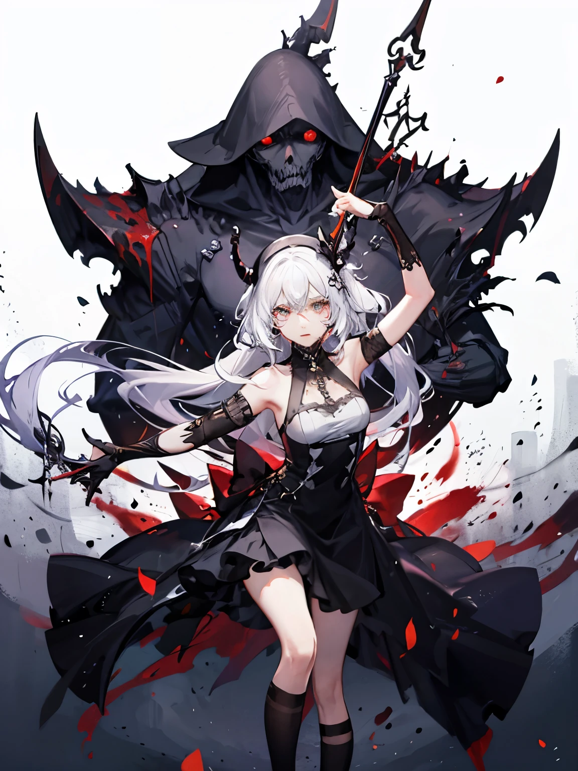 A shinigami with a bloody scythe in combat stance, aura de puissance, ambiance morbide, Very detailed, chef d'oeuvre, yeux rouges brillants