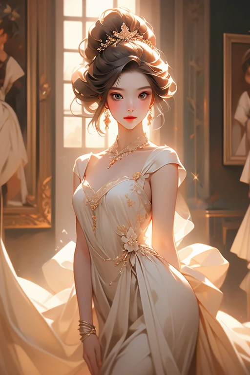 vivid colors, sharp focus, fine details, oil painting, studio lighting, graceful pose, detailed lips, elegant hairstyle, dreamlike background