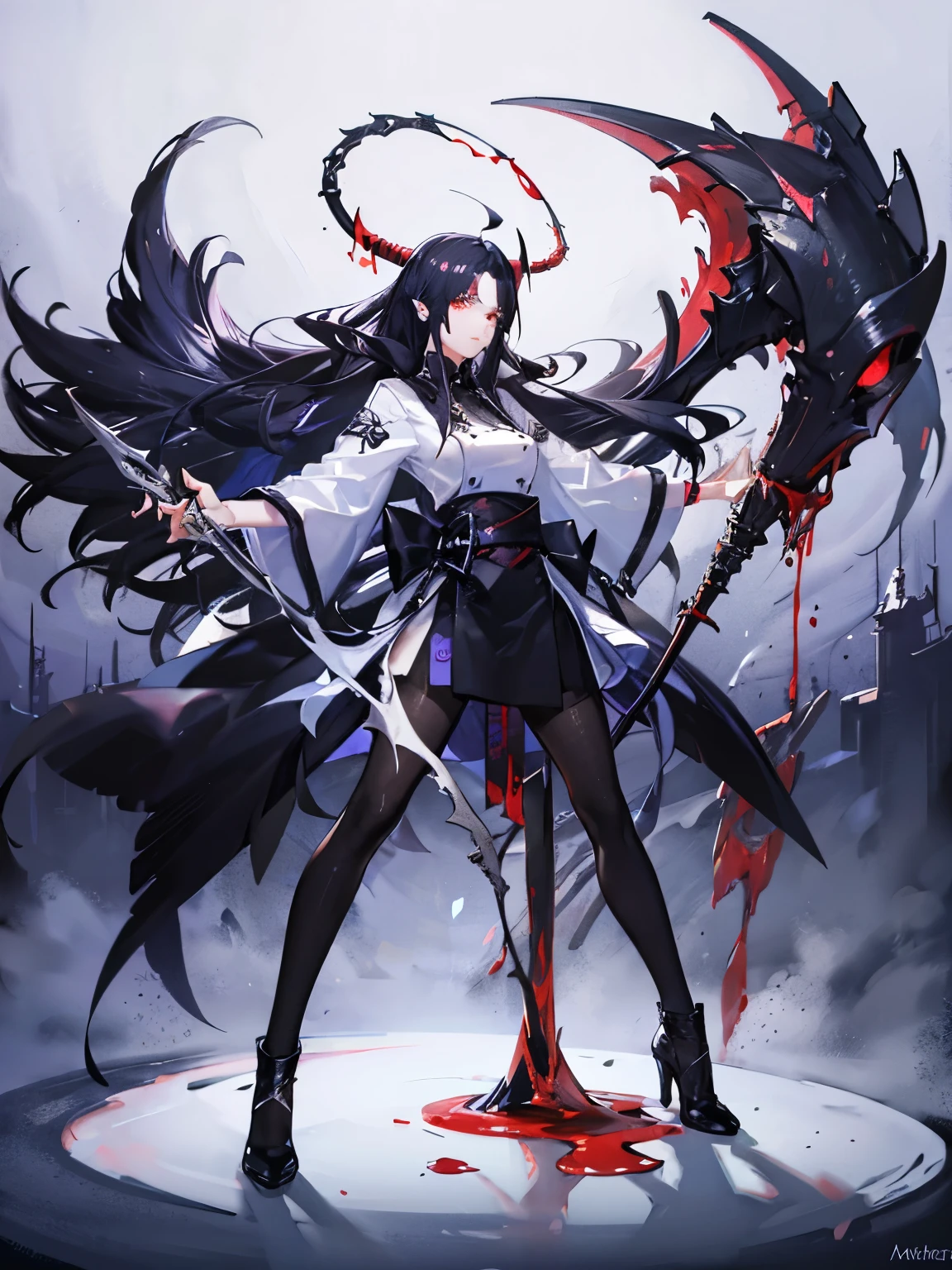 A shinigami with a bloody scythe in combat stance, aura de puissance, ambiance morbide, Very detailed, chef d'oeuvre, yeux rouges brillants