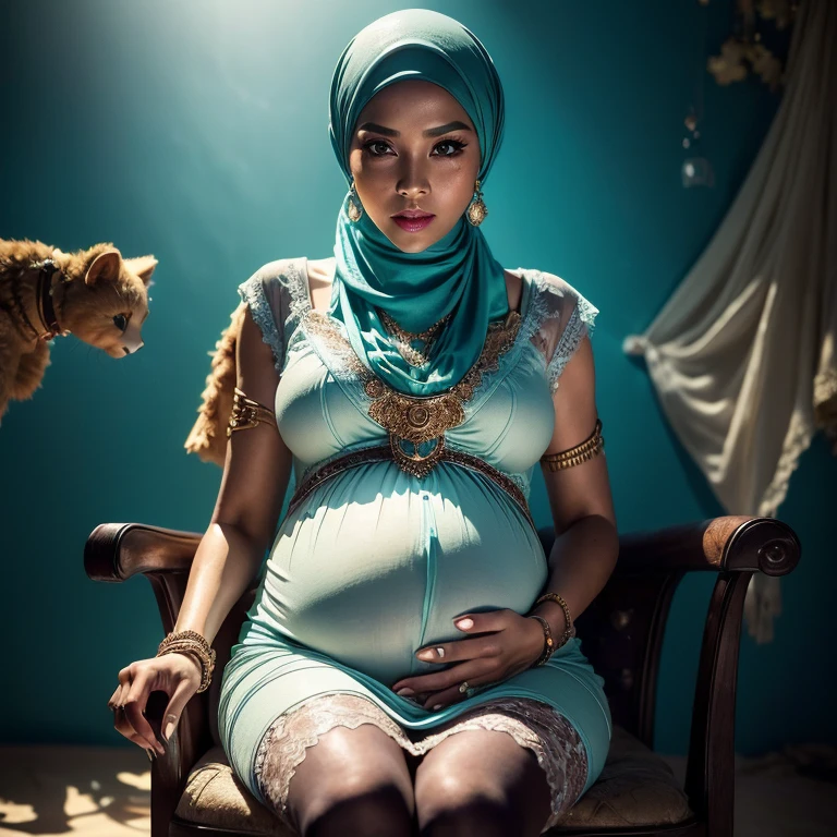 Two:2 Malaysian girl pregnant 9 month ,malay, The whole body consists of a young girl with hijab, Eye makeup, 55 year old model, Cat ears, Soft lighting, Solo, Wear shabby clothes, Dirty, Tattered futuristic military uniform, Cat's paw badge, Pose, spot color, rendering by octane, Ultra-realistic intricate details, Cinematic, 8K resolution, 70mm, emphasis lightings, (((2 girls:1.5, pregnant Gorgeous artsy women holding teddy bear sitting down in chairs))) Setting background: Basquiat graffiti wall background,Graffiti artist, urban walls, spray paint cans, bold colors, rebellious strokes, street gallery, artistic , night shadows, public expression, aerosol mastery, layered stencils, cultural messages, graffiti tags, creative risks, vibrant visuals, underground recognition, impactful designs, urban transformation. Art by Mschiffer, (((Woman with hijab style, hijab with sexy dress)), (lace stockings), (((Wearing: diamond necklace and earrings))). RAW photo, full sharp, detailed face (high detailed skin:1.2), 8k uhd, dslr, soft lighting, high quality, film grain, Fujifilm XT3, (extremely beautiful face, sexy lips, beautiful red lips, Clear eyes, beautiful eyes), (big green eyes), pretty girl, face forward, intricate detail face, ((ultra detailed skin)) (skin texture, film grain), Detailed beautiful face, natural tpose, natural facial expression, (((Straight breasts))), Surreal full-body figure, Beautiful and delicate body and face, gorgeous figure, ssmile, Titillating,Surreal full-body figure,Beautiful and detailed body and face, Super vista, White skin of the, vivd colour,🔥8k, masterpiece, RAW photo, best quality, (18k detail:1.2), photorealistic, extremely, deep shadow, earrings, bracelets, necklace,