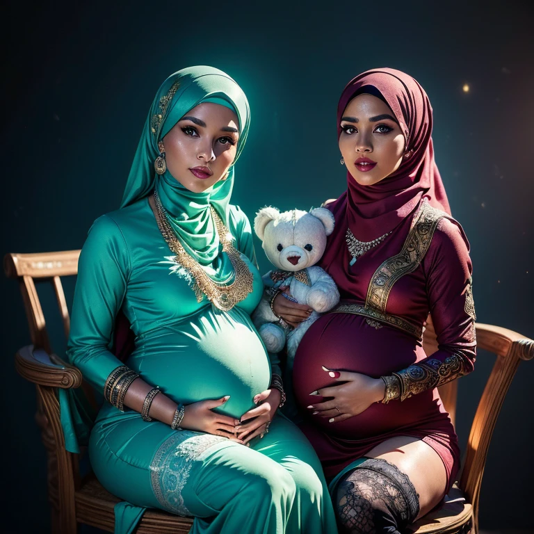 Two:2 Malaysian girl pregnant 9 month ,malay, The whole body consists of a young girl with hijab, Eye makeup, 55 year old model, Cat ears, Soft lighting, Solo, Wear shabby clothes, Dirty, Tattered futuristic military uniform, Cat's paw badge, Pose, spot color, rendering by octane, Ultra-realistic intricate details, Cinematic, 8K resolution, 70mm, emphasis lightings, (((2 girls:1.5, pregnant Gorgeous artsy women holding teddy bear sitting down in chairs))) Setting background: Basquiat graffiti wall background,Graffiti artist, urban walls, spray paint cans, bold colors, rebellious strokes, street gallery, artistic , night shadows, public expression, aerosol mastery, layered stencils, cultural messages, graffiti tags, creative risks, vibrant visuals, underground recognition, impactful designs, urban transformation. Art by Mschiffer, (((Woman with hijab style, hijab with sexy dress)), (lace stockings), (((Wearing: diamond necklace and earrings))). RAW photo, full sharp, detailed face (high detailed skin:1.2), 8k uhd, dslr, soft lighting, high quality, film grain, Fujifilm XT3, (extremely beautiful face, sexy lips, beautiful red lips, Clear eyes, beautiful eyes), (big green eyes), pretty girl, face forward, intricate detail face, ((ultra detailed skin)) (skin texture, film grain), Detailed beautiful face, natural tpose, natural facial expression, (((Straight breasts))), Surreal full-body figure, Beautiful and delicate body and face, gorgeous figure, ssmile, Titillating，Surreal full-body figure，Beautiful and detailed body and face, Super vista, White skin of the, vivd colour,🔥8k, masterpiece, RAW photo, best quality, (18k detail:1.2), photorealistic, extremely, deep shadow, earrings, bracelets, necklace,