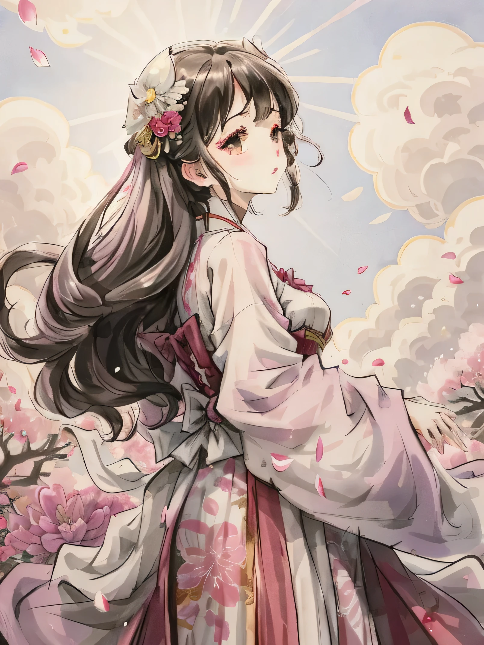 Create a close-up of an oriental goddess，wearing china gauze，Pure and untainted temperament，Surrounded by a sea of pink flowers，The sky is filled with pink and white petals，White doves flying，The sun shines through the gaps in the clouds，Straight format HD quality。