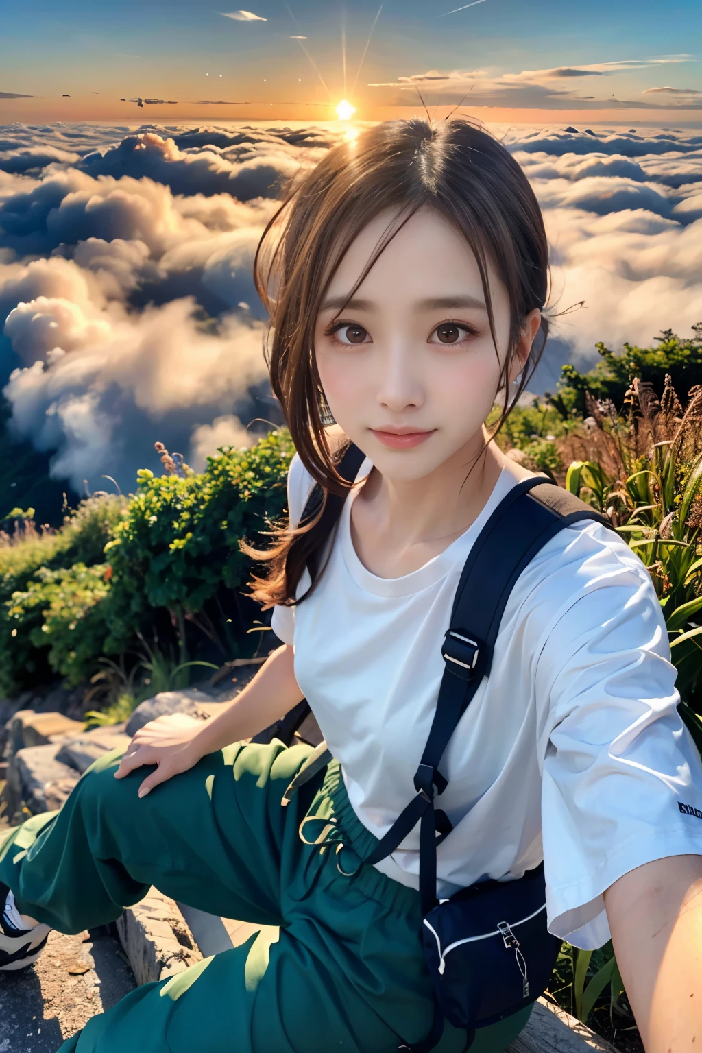 （Highest quality、Super realistic shooting）、Majestic Mountain、(((sea of clouds)))、Woman watching the sunset、Selfie、（（Upper Body））、White T-shirt、Trekking pants、Trekking boots、rucksack、（Super delicate face、super beautiful）、Super delicate eyes、Ultra detailed nose、Ultra detailed mouth、Ultra-detailed facial features）、Beauty、18-year-old、Sweaty face and forehead、A white shirt that has become transparent with sweat