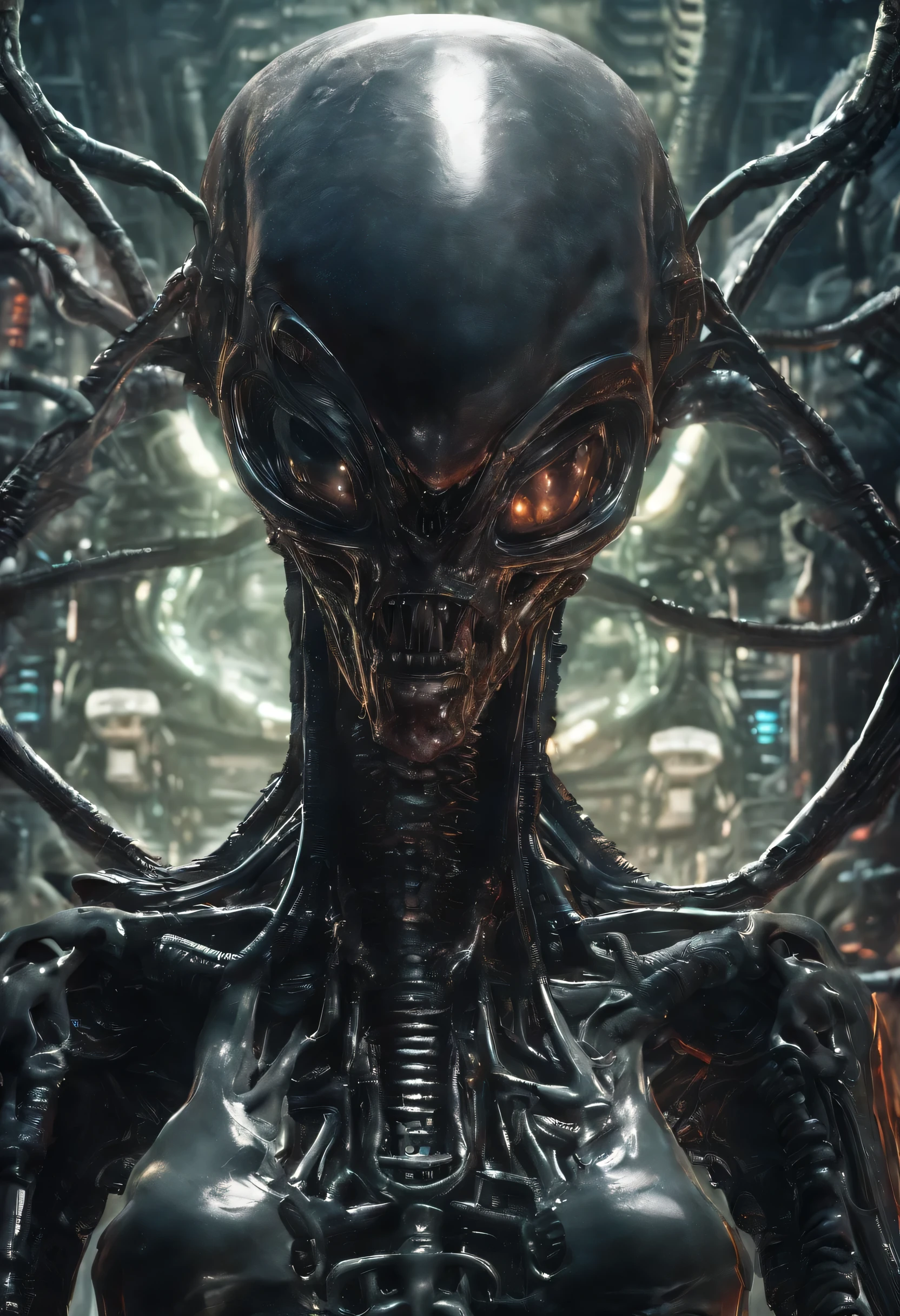Photorealistic digital illustration blending oil painting aesthetics and visionary art styles, inspired by HR Giger's bio-mechanical concepts and rich cosmic horror themes. Produce an extraordinary, gripping scene presenting a terrifying xenomorphic entity amid a disturbing interdimensional rift filled with mysterious and bizarre phenomena. Enhance the image with nuanced, intricate details, accentuating the unsettling atmosphere through elaborate texturing and advanced rendering techniques."