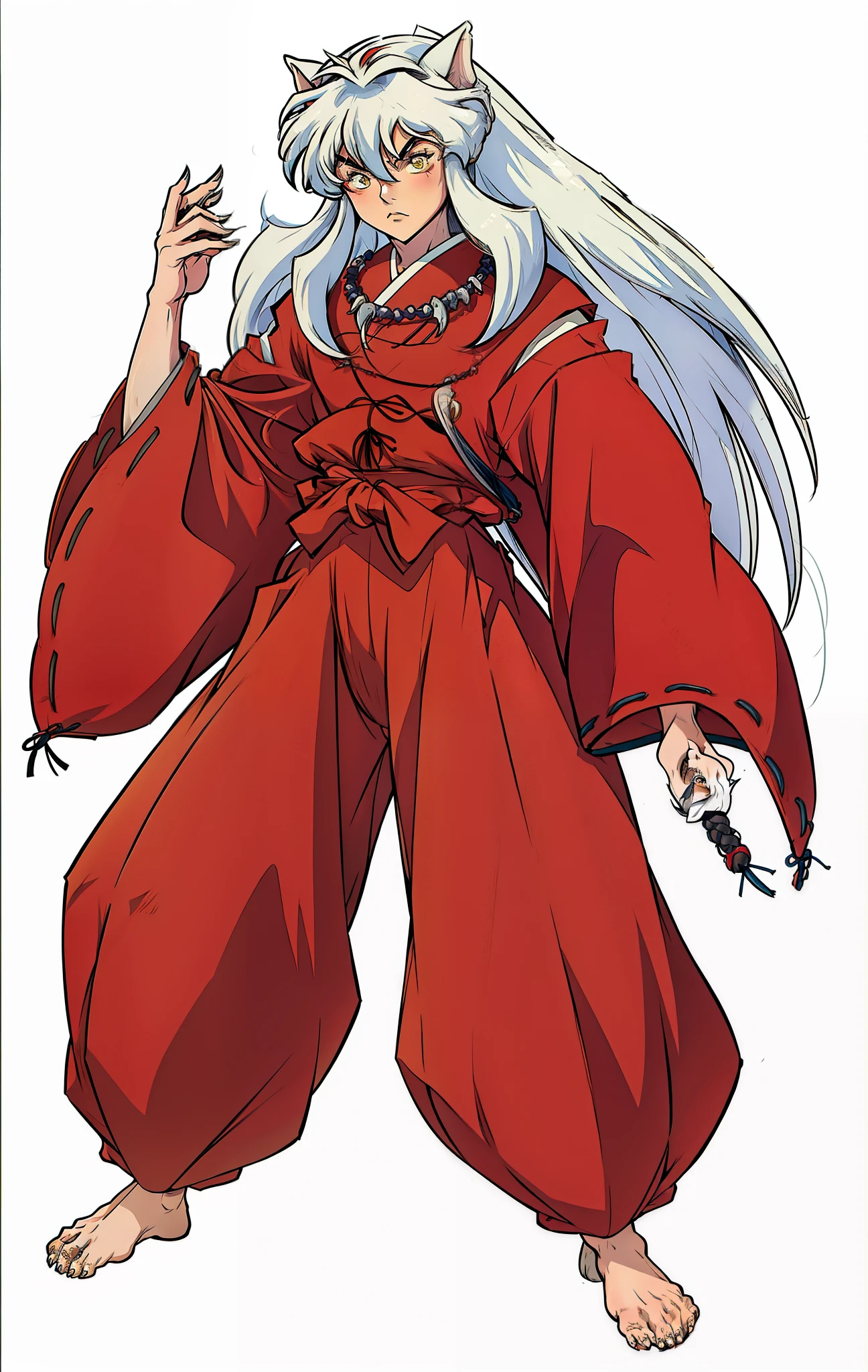 InuYasha, Cabelos longos, cabelo branco, roupas vermelhas, extremamente realista, orelhas de cachorro, bonito