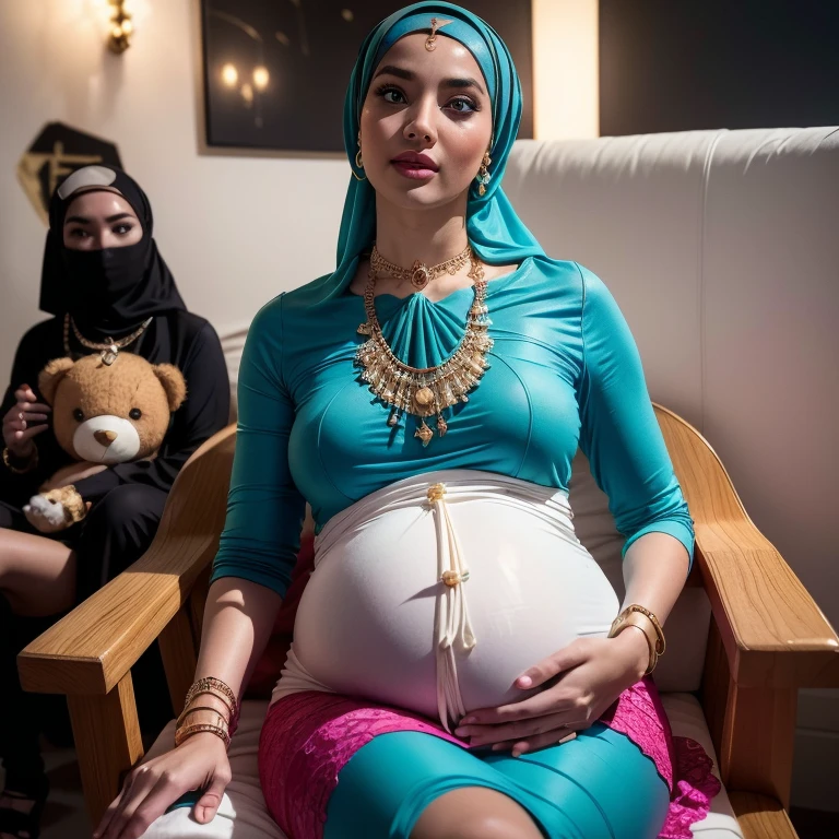 Two:2 Malaysian girl pregnant 9 month ,malay, The whole body consists of a young girl with hijab, Eye makeup, 55 year old model, Cat ears, Soft lighting, Solo, Wear shabby clothes, Dirty, Tattered futuristic military uniform, Cat's paw badge, Pose, spot color, rendering by octane, Ultra-realistic intricate details, Cinematic, 8K resolution, 70mm, emphasis lightings, (((2 girls:1.5, pregnant Gorgeous artsy women holding teddy bear sitting down in chairs))) Setting background: Basquiat graffiti wall background,Graffiti artist, urban walls, spray paint cans, bold colors, rebellious strokes, street gallery, artistic , night shadows, public expression, aerosol mastery, layered stencils, cultural messages, graffiti tags, creative risks, vibrant visuals, underground recognition, impactful designs, urban transformation. Art by Mschiffer, (((Woman with hijab style, hijab with sexy dress)), (lace stockings), (((Wearing: diamond necklace and earrings))). RAW photo, full sharp, detailed face (high detailed skin:1.2), 8k uhd, dslr, soft lighting, high quality, film grain, Fujifilm XT3, (extremely beautiful face, sexy lips, beautiful red lips, Clear eyes, beautiful eyes), (big green eyes), pretty girl, face forward, intricate detail face, ((ultra detailed skin)) (skin texture, film grain), Detailed beautiful face, natural tpose, natural facial expression, (((Straight breasts))), Surreal full-body figure, Beautiful and delicate body and face, gorgeous figure, ssmile, Titillating,Surreal full-body figure,Beautiful and detailed body and face, Super vista, White skin of the, vivd colour,🔥8k, masterpiece, RAW photo, best quality, (18k detail:1.2), photorealistic, extremely, deep shadow, earrings, bracelets, necklace,