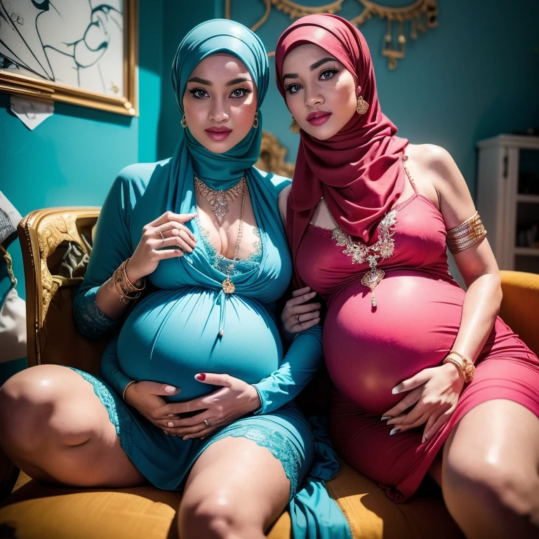 Two:2 Malaysian girl pregnant 9 month ,malay, The whole body consists of a young girl with hijab, Eye makeup, 55 year old model, Cat ears, Soft lighting, Solo, Wear shabby clothes, Dirty, Tattered futuristic military uniform, Cat's paw badge, Pose, spot color, rendering by octane, Ultra-realistic intricate details, Cinematic, 8K resolution, 70mm, emphasis lightings, (((2 girls:1.5, pregnant Gorgeous artsy women holding teddy bear sitting down in chairs))) Setting background: Basquiat graffiti wall background,Graffiti artist, urban walls, spray paint cans, bold colors, rebellious strokes, street gallery, artistic , night shadows, public expression, aerosol mastery, layered stencils, cultural messages, graffiti tags, creative risks, vibrant visuals, underground recognition, impactful designs, urban transformation. Art by Mschiffer, (((Woman with hijab style, hijab with sexy dress)), (lace stockings), (((Wearing: diamond necklace and earrings))). RAW photo, full sharp, detailed face (high detailed skin:1.2), 8k uhd, dslr, soft lighting, high quality, film grain, Fujifilm XT3, (extremely beautiful face, sexy lips, beautiful red lips, Clear eyes, beautiful eyes), (big green eyes), pretty girl, face forward, intricate detail face, ((ultra detailed skin)) (skin texture, film grain), Detailed beautiful face, natural tpose, natural facial expression, (((Straight breasts))), Surreal full-body figure, Beautiful and delicate body and face, gorgeous figure, ssmile, Titillating，Surreal full-body figure，Beautiful and detailed body and face, Super vista, White skin of the, vivd colour,🔥8k, masterpiece, RAW photo, best quality, (18k detail:1.2), photorealistic, extremely, deep shadow, earrings, bracelets, necklace,