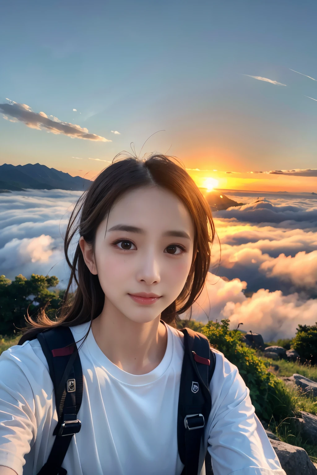 (Highest quality、Super realistic shooting)、Majestic Mountain、(((sea of clouds)))、Woman watching the sunset、Selfie、((Upper Body))、White T-shirt、Trekking pants、Trekking boots、rucksack、(Super delicate face、super beautiful)、Super delicate eyes、Ultra detailed nose、Ultra detailed mouth、Ultra-detailed facial features)、Beauty、18-year-old、Sweaty face and forehead、A white shirt that has become transparent with sweat