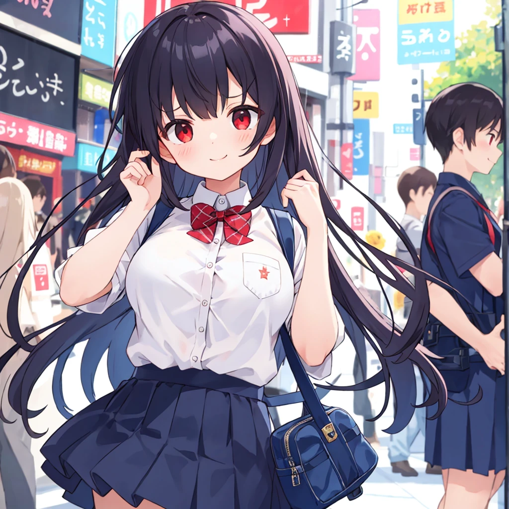insanely detailed, absurdres, ultra-highres, ultra-detailed, best quality,
1girl, solo, nice hands, perfect hands,
BREAK,
(wearing school uniform),
happy smile, laugh, closed mouth,
cute pose, cowboy shot,
BREAK,
slender, kawaii, perfect symmetrical face, ultra cute girl, ultra cute face, ultra detailed eyes, ultra detailed hair, ultra cute, ultra beautiful,
by Canon EOS, SIGMA Art Lens 35mm F1.4, ISO 200 Shutter Speed 2000,
in harajuku, shibuya, tokyo, street, crowd, cityscape,
large breasts, ,
BREAK,
(black hair, red eyes),