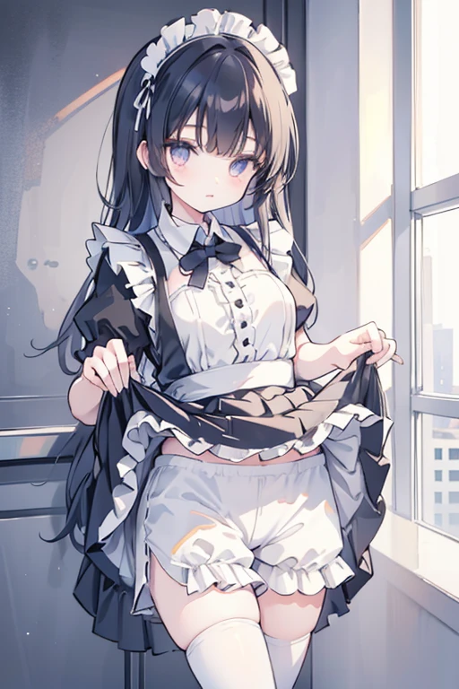 girl, maid uniform, BLAKE wearing a skirt over gothic style short white frill inner Petit Pants, (((lift skirt))), (((frill inner Petit Pants)))