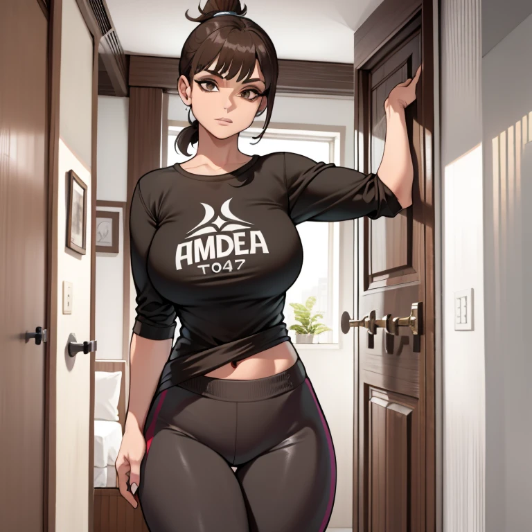 a woman with short brown ponytail haircut, vistiendo pantalones de yoga y una camiseta gris, grueso, alone, solo, (ALONE)(SOLO), fondo ella esta parada al lado de una puerta que le llega al pecho, es enorme muy grande