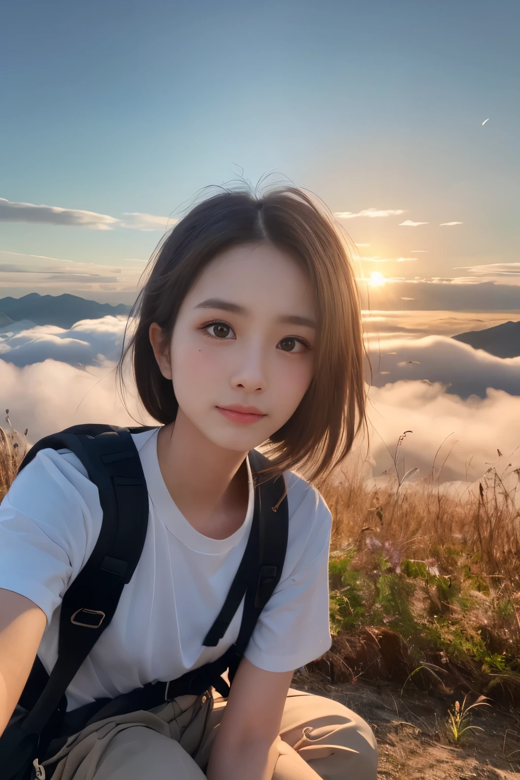 （Highest quality、Super realistic shooting）、Majestic Mountain、(((sea of clouds)))、Woman watching the sunset、Selfie、（（Upper Body））、White T-shirt、Trekking pants、Trekking boots、rucksack、（Super delicate face、super beautiful）Maid、Super delicate eyes、Ultra detailed nose、Ultra detailed mouth、Ultra-detailed facial features）、Beauty、18-year-old、Sweaty face and forehead、A white shirt that has become transparent with sweat