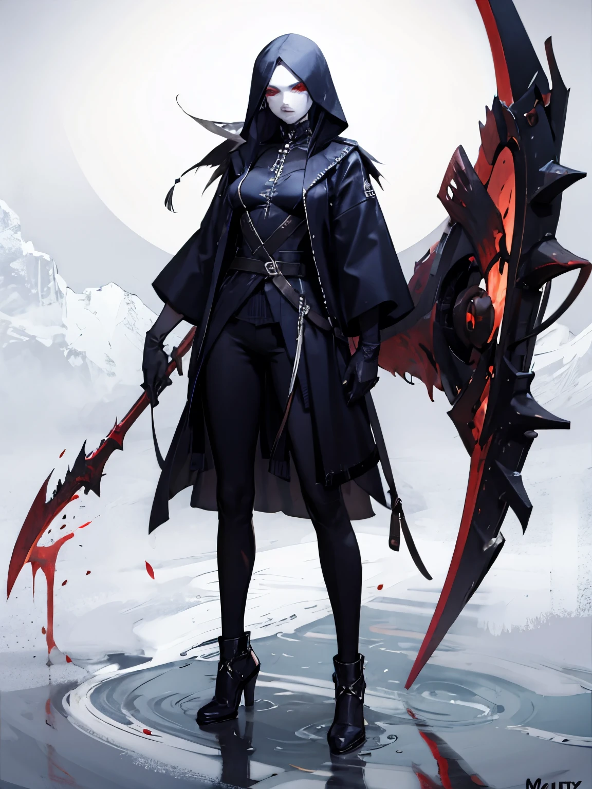 (best quality, ultra-detailed, realistic:1.37), grim reaper, bloody scythe in a combat stance, powerful aura, macabre atmosphere, masterpiece, glowing red eyes, dark and eerie surroundings