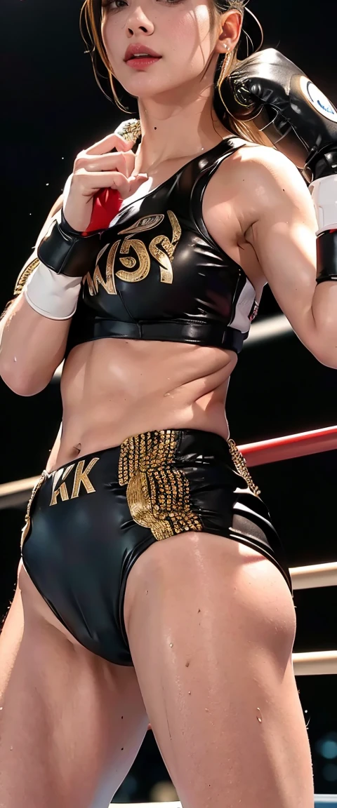 Boxing Match, ((masterpiece, highest quality, Highest image quality, High resolution, photorealistic, Raw photo, 8K)), ((Extremely detailed CG unified 8k wallpaper)), (huge stunning goddess shot, very hot and sexy, jaw-dropping beauty, perfect proportions, beautiful body, slim body beauty:1.4), Female boxers, two athletes beating each other in the ring, wearing sports bras, trunks, gloves and boots, sweat splattered, intense fighting, SFW,