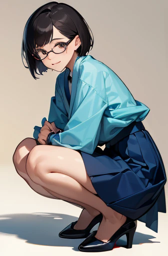 (NSFW:1.0), 
(best quality,8k,high resolution,masterpiece),  (ultra-detailed,realistic), 

((whole body)), ((squat)), 

(A Japanese woman, 30 years old and 155cm tall.), 

(she has short hair style), 
(she wears glasses), 
(she is wearing a light blue shirt), (Neat and elegant collared light blue shirt), 　 
(she is wearing a navy blue skirt), 
((she is wearing ankle strap pumps)), 

(Generate detailed images, especially of the eyes), (She looks at me with kind and caring eyes.),  

(She has a pure and peaceful atmosphere. Her gentle smile is very impressive.), 
