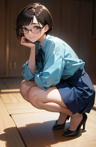 (NSFW:1.0), 
(best quality,8k,high resolution,masterpiece),  (ultra-detailed,realistic), 

((whole body)), ((squat)), 

(A Japanese woman, 30 years old and 155cm tall.), 

(she has short hair style), 
(she wears glasses), 
(she is wearing a light blue shirt), (Neat and elegant collared light blue shirt), 　 
(she is wearing a navy blue skirt), 
((she is wearing ankle strap pumps)), 

(Generate detailed images, especially of the eyes), (She looks at me with kind and caring eyes.),  

(She has a pure and peaceful atmosphere. Her gentle smile is very impressive.), 
