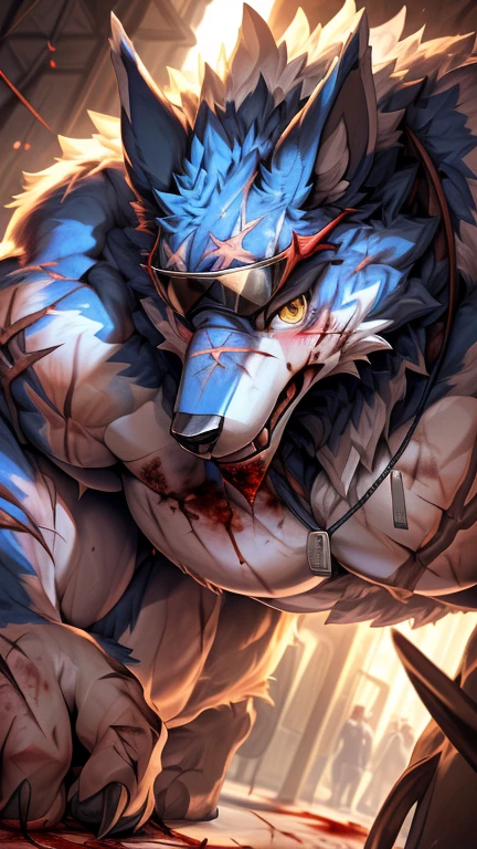 ((masterpiece)), ((8k)), ((SFW:1.8)), ((uploaded on e621)), (by slugbox), (by bonifasko), (by cervina7), (by null-ghost), (high resolution), ((Anime-ish high quality)), (best quality), (super fine illustration), (highly details), ((Machgaogamon)), ((black eyewear on head)), ((fluffy dog)), ((male)), (anatomically correct), ((pawpads:1.4)), (five fingers), ((tuft)), (fluffy fur)), ((fluffy fur body:1.3)), ((detailed fluffy fur)), (highly detailed face), (detailed hands), (detailed body), ((detailed eyes)), (big yellow eyes), ((looking at viewer)), ((dynamic angle:1.3)), ((face close-up:1.8)), ((shoot from below)), ((furry)), Adult, ((pectoralis major muscle:1.6)), ((big nipples)), ((large areolae)), navel, ((huge muscular male:1.3)), ((muscular figure)), ((massive and strong body)), ((veins:1.6)), ((veiny muscles)), (veiny arms), (veiny legs), ((wide waist:1.4)), ((muscular arms)), ((muscular legs)), ((abdominal muscles:1.6)), (Oblique muscle), serratus anterior muscle, ((thick thighs:1.3)), ((wide hip)), ((blush)), ((angry)), (long snout), (big tail), ((fangs)), open mouth, (claws), ((breath visible)), ((sweaty)), ((many scars all over the body:1.8)), ((many scratches all over the body:1.8)), ((a lot of claw marks all over the body:1.8)), ((a lot of bruise marks all over the body:1.8)), ((facial scars:1.6)), ((detailed scars)), ((deep scars)), ((injuries:1.8)), ((blood everywhere:1.8)), ((bloodshed:1.8)), ((bleeding:1.8)), ((gore:1.8)), ((dog tags around neck:1.6)), ((lying on back:1.3)), ((in the seaside)), ((on the beach)), ((the sun)), ((a crowd of furry:1.3)), ((detailed background)), ((cinematic lighting)), ((gorgeous light and shadows)), ((highly detailed background)),