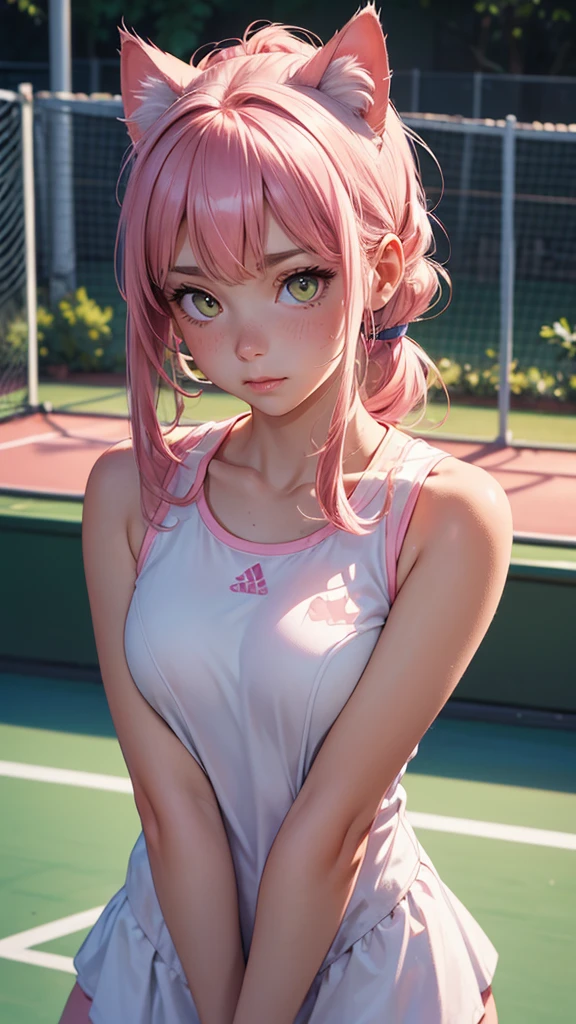 (high resolution, upper body, soft skin:1.2),(best illustration,masterpiece:1.2),ultra-detailed,[(cat ears ,pink inside:1.2),vivid colors,sharp focus,portrait,studio lighting,bokeh, wearing a tennis uniform, tennis courts background, dusk, full body portrait, blushing, very surprised 