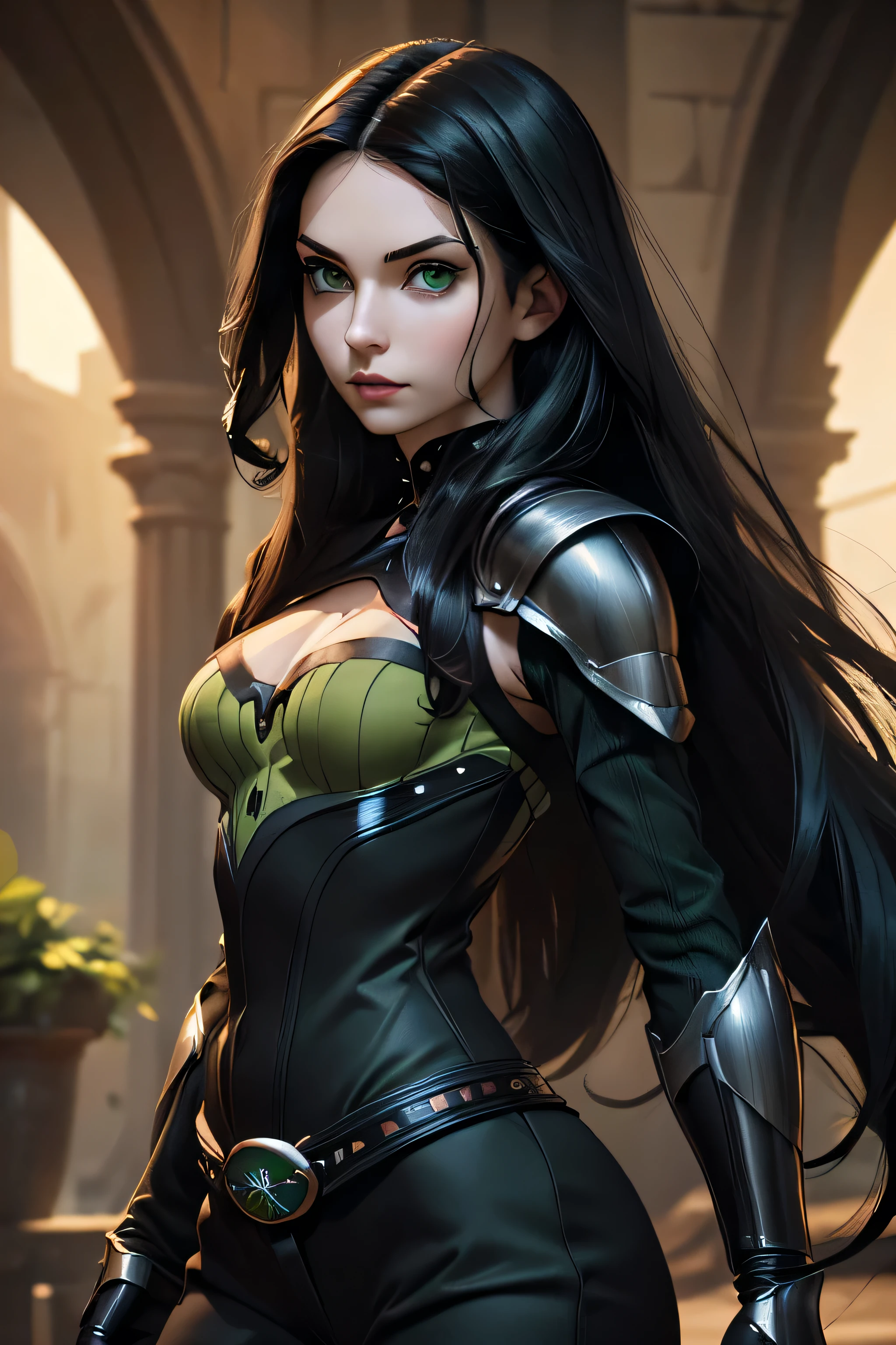 ((Sozinho)) ((obra de arte)) ((alta qualidade)) ((rosto perfeito)) ((seios pequenos)) ((quadris largos)) ((cintura estreita)) ((lindo)) ((cabelo preto)) ((Cabelo longo)) ((Pale skin)) ((button nose)) ((olhos verdes)) ((Gothic superhero armor))