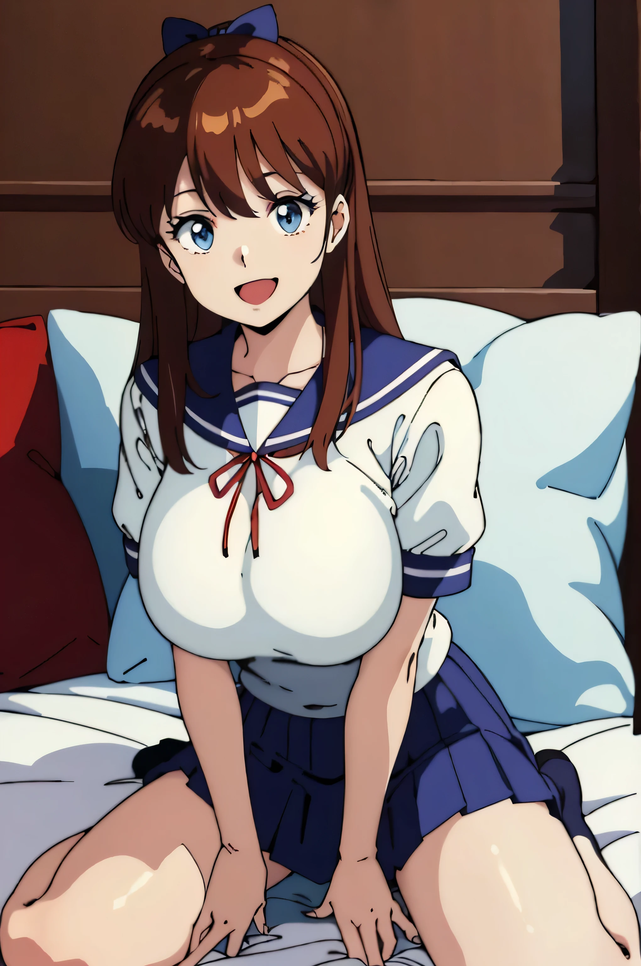 (Anime of Yatsu, Retro art style, Clean brush strokes, Very detailed, Perfect Anatomy, Browsing Caution), Dormitory of background, (erika, 1 daughter), Eyebrows visible through hair, bangs, Dark brown hair, Long Hair, Katyusha with ribbon, (blue eyes), (Beautiful and detailed:1.2)of）, Looking at the audience, Open your mouth (smile:1.5), (Sitting, Spread your legs wide), (Beautiful body, Smooth curve of, Perfect figure), (Uniform of), (Huge breasts:1.2, Tension of shape), (Uniform of skirt), 