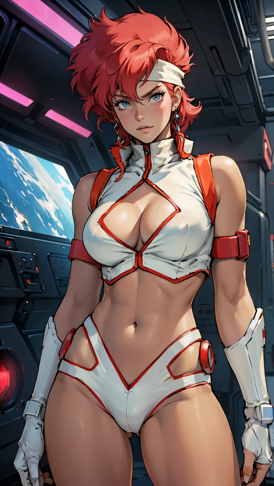 ((Masterpiece, highest quality; 1.3)), super quality, beautiful detail, super detailed, extra fine, 16K, exquisite, absurd, high resolution, beautiful background, detailed background, beautiful eyes, beautiful skin, anime style, Kay from Dirty Pair in a white outfit, tight outfit, cleavage, bushy redhead beauty, very light blue uniform, wearing tight clothes, skimpy, (mid chest: 1.2), cleavage, cleavage, slim waist , thin waist, slim thighs, thigh gap, showing stomach, skinny, thin hips, cyberpunk city background, retro space gun holding, headband, 