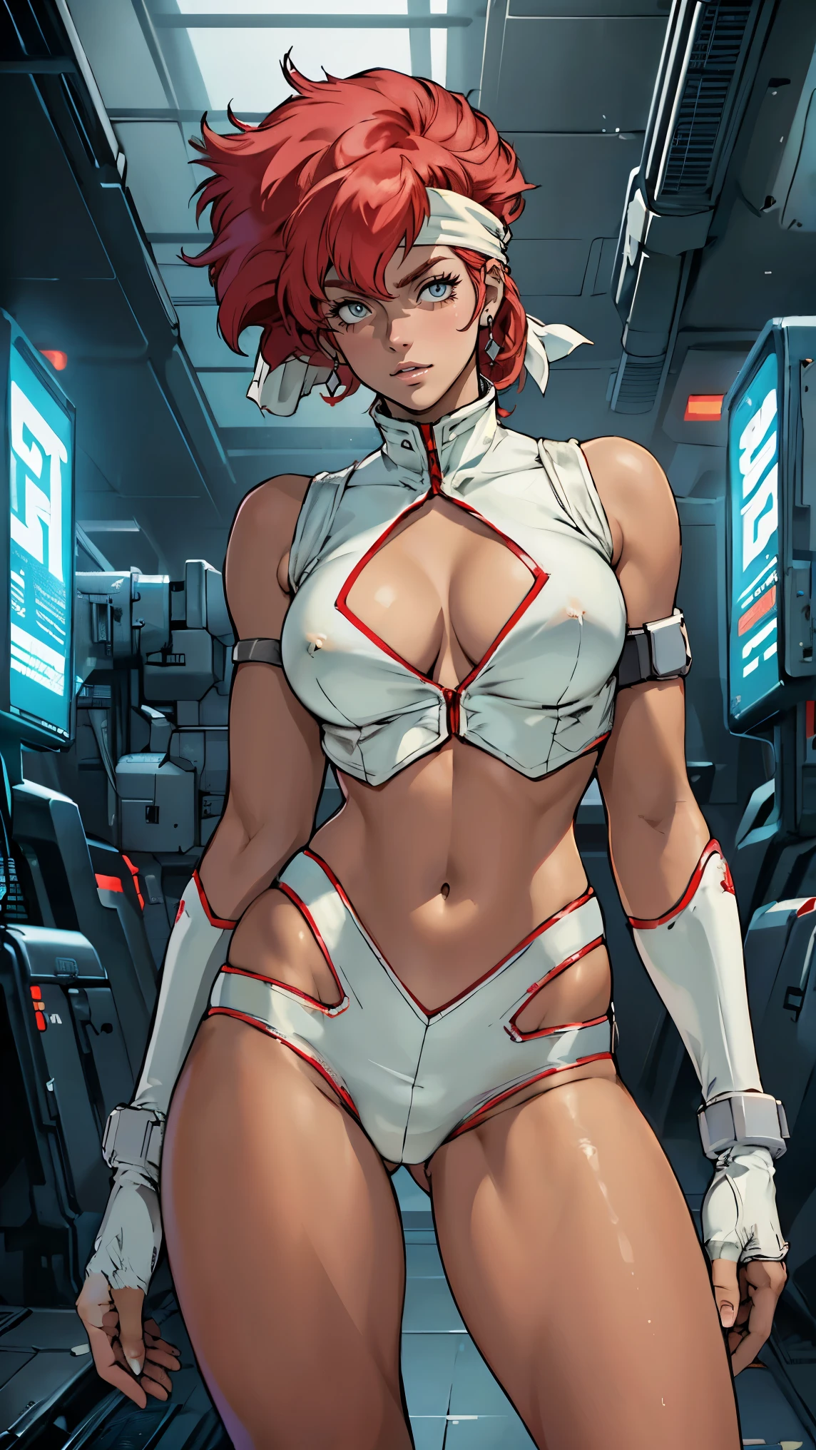 ((Masterpiece, highest quality; 1.3)), super quality, beautiful detail, super detailed, extra fine, 16K, exquisite, absurd, high resolution, beautiful background, detailed background, beautiful eyes, beautiful skin, anime style, Kay from Dirty Pair in a white outfit, tight outfit, cleavage, bushy redhead beauty, very light blue uniform, wearing tight clothes, skimpy, (mid chest: 1.2), cleavage, cleavage, slim waist , thin waist, slim thighs, thigh gap, showing stomach, skinny, thin hips, cyberpunk city background, retro space gun holding, headband,