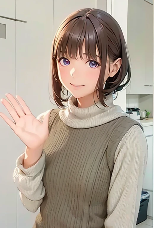 High resolution,In 8K,highest quality,detailed,Semi-realistic anime,Anime 3D Style,Smooth anime CG,One Girl,19-year-old woman in Japan,slim,Modeled,Shiny brown hair,Medium Hair,detailedな顔,Beautiful and detailed,Glowing Skin,Light turtleneck shirt,straggling hair,Angelic hairstyle,((Look down)),((Deep violet sparkling eyes)),(Small breasts),((Looking at the camera)),((Shut your mouth.)),((Squint your eyes a little)),((Laughter)),((waving one hand))