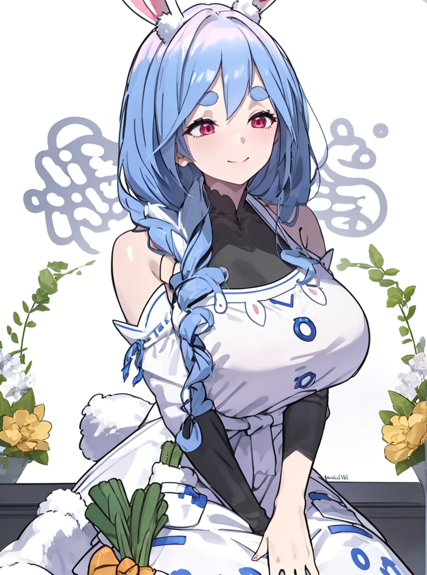 pekomama \(Ho****ve\),One girl, Blue Hair, Long Hair, Braiding, single Braiding hair, Bunny ears, Bunny ears, Thick eyebrows, Red eyes, Huge breasts, (beautiful)
, One girl, alone, gardenに立つ, whole body, Full Figure, garden, Apron Clothing, No sleeve, Exposing shoulders, Pelvic Curtain, Hold your head with one hand, Underarm, Smile at your audience, 
, Official Art, Very detailed CG ユニティ 8k 壁紙, Perfect lighting, colorful, (Highest_quality), 超High resolution,4K, Very detailed, 8k, High resolution, High resolution,  Absurd:1.2, (Vibrant_color:1.2),