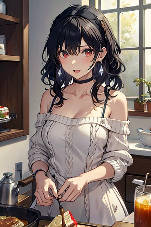 masterpiece, yor, 1girl, Amazing Cleavage:1.3, thin waist, big ass, Raised sexy, medium breast: 1.8 posed cleavage:1.2、solo, looking at viewer, open mouth, have a cup of orange juce,black hair, red eyes, dress, bare shoulders, jewelry, collarbone, sidelocks, hairband, earrings, indoors, off shoulder, :o, sweater, arms behind back, plant, short hair with long locks, white hairband, off-shoulder dress, sweater dress, off-shoulder sweater, red sweater, big side hair, very long side hair,is rendered in (masterpiece: 1.2, best quality), with (ultra high resolution) and an exquisite (depth of field). This masterpiece is not only visually stunning but also tells, make of cake cooking ,in the kitchen