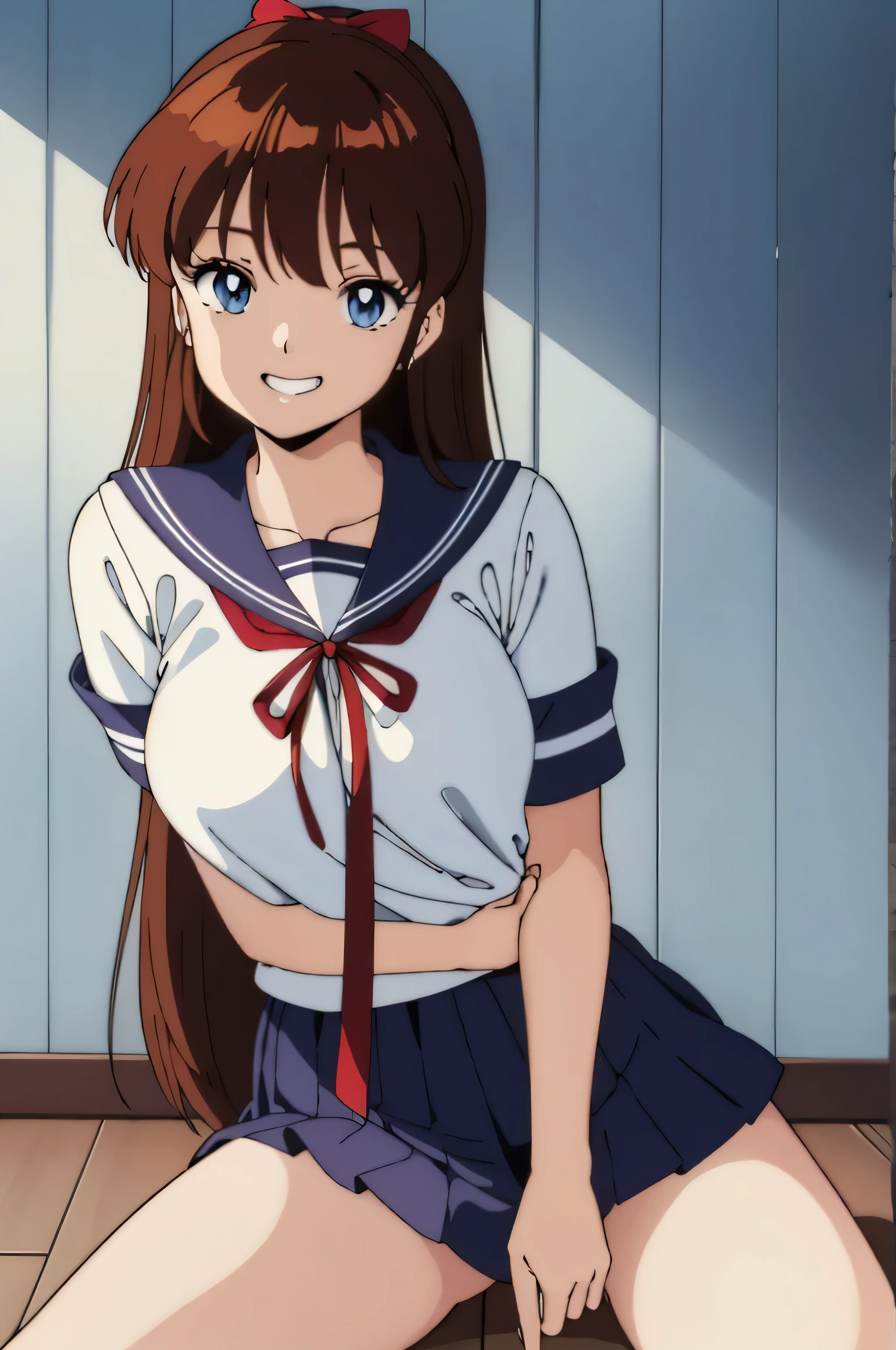 (Anime of Yatsu, Retro art style, Clean brush strokes, Very detailed, Perfect Anatomy, Browsing Caution), Dormitory of background, (erika, 1 daughter), Eyebrows visible through hair, bangs, Dark brown hair, Long Hair, Katyusha with ribbon, (blue eyes), (Beautiful and detailed:1.2)of）, Looking at the audience, Open your mouth (smile:1.5), (Sitting, Spread your legs), (Beautiful body, Smooth curve of, Perfect figure), (Uniform of), (Large Breasts:1.2, Tension of shape), (Uniform of skirt), 