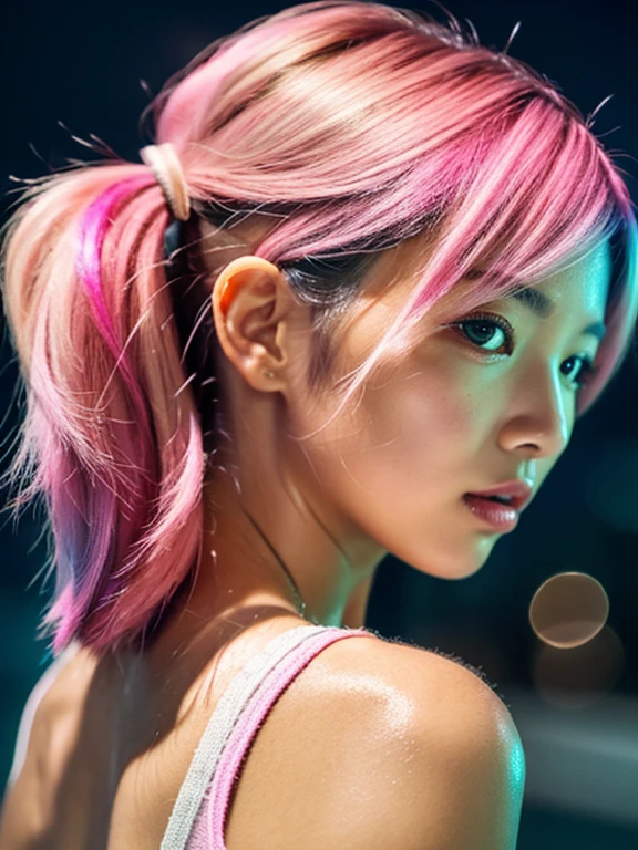 girl, vibrant ombre pink hair, pony tailhair, makeup, night