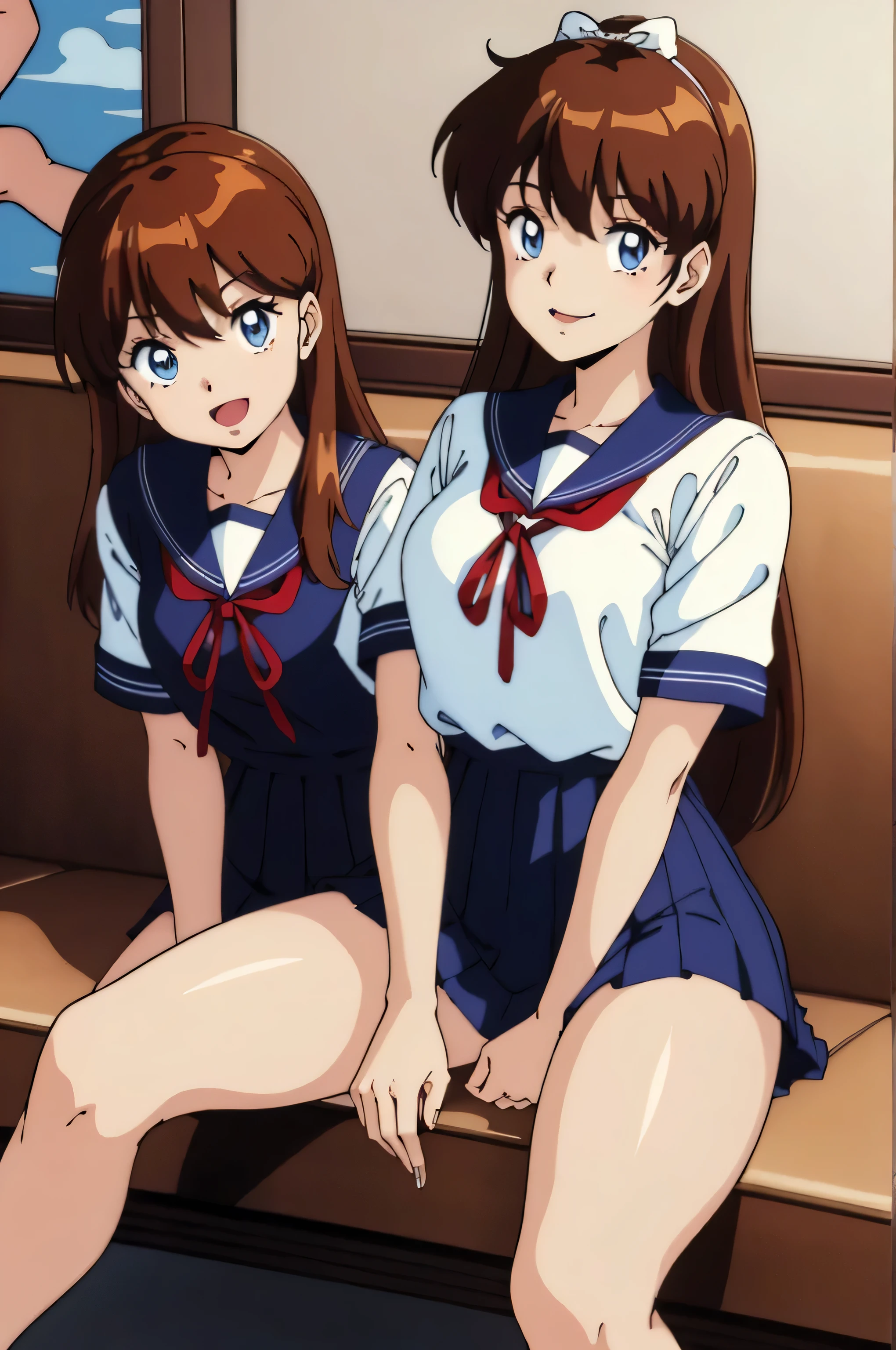 (Anime of Yatsu, Retro art style, Clean brush strokes, Very detailed, Perfect Anatomy, Browsing Caution), Dormitory of background, (erika, 1 daughter), Eyebrows visible through hair, bangs, Dark brown hair, Long Hair, Katyusha with ribbon, (blue eyes), (Beautiful and detailed:1.2)of）, Looking at the audience, Open your mouth (smile:1.5), (Sitting, Spread your legs), (Beautiful body, Smooth curve of, Perfect figure), (Uniform of), (Large Breasts:1.2, Tension of shape), (Uniform of skirt), 